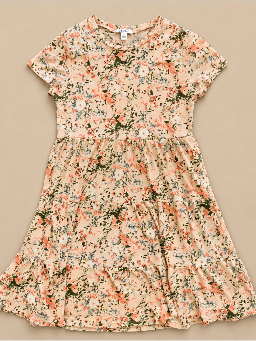 AUW Peach Floral Tiered Casual Dress